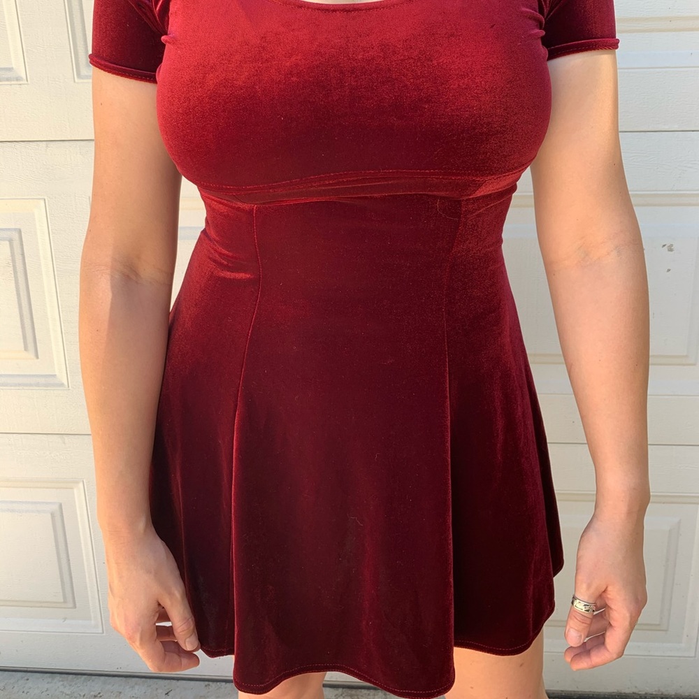 Red Burgundy vintage 90s velvet skater dress - Picture 4 of 7